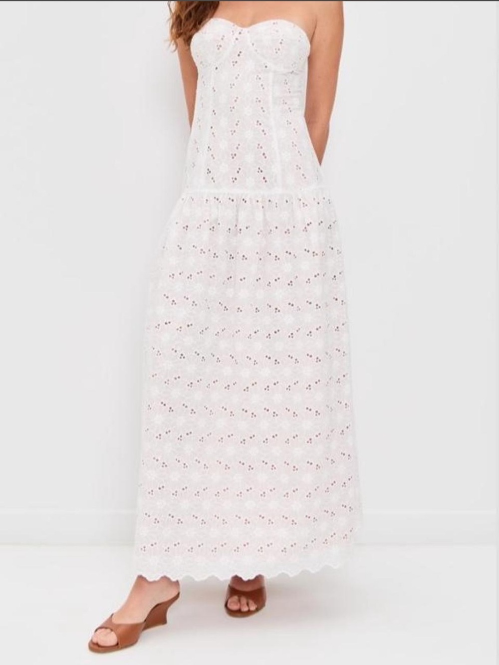 Strapless White Eyelet Maxi Dress with Sweetheart Bodice